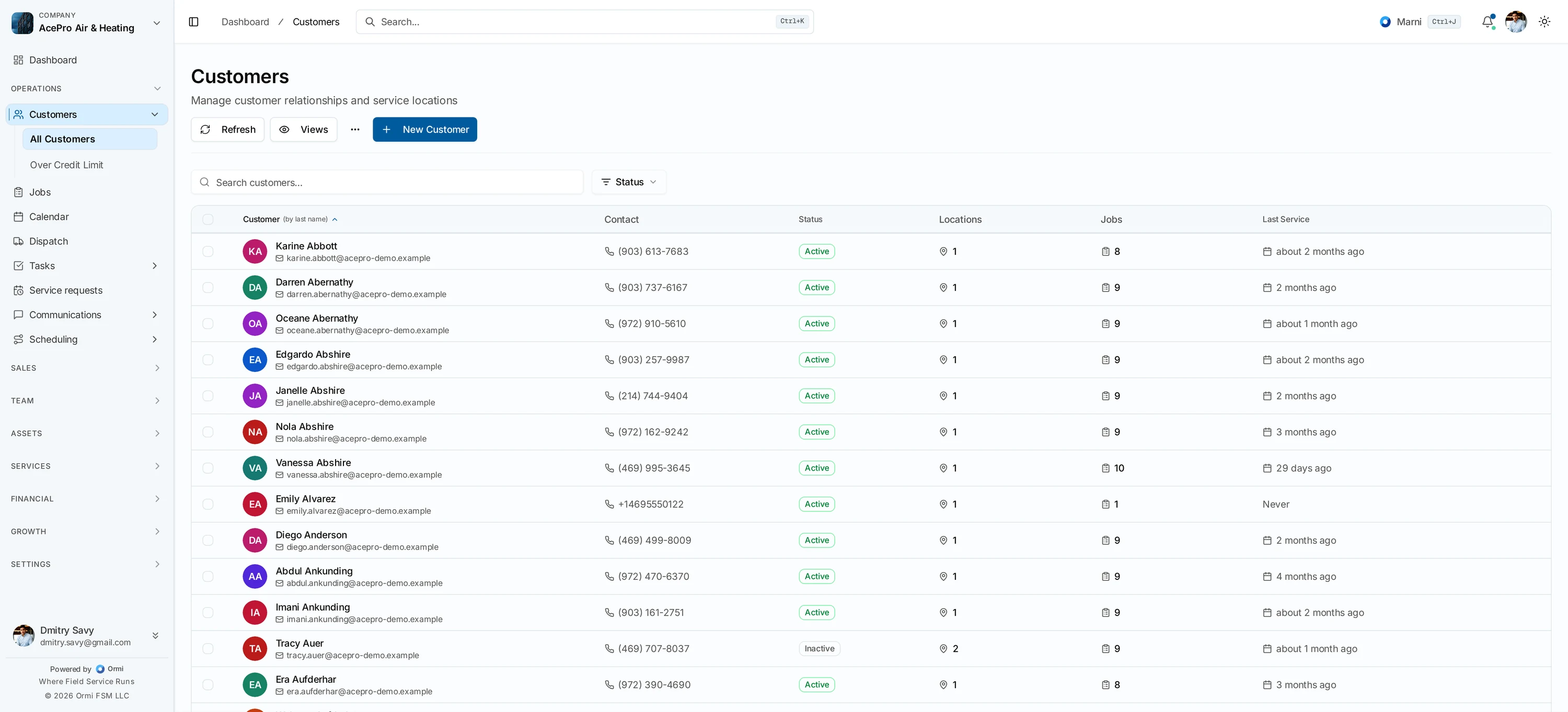 Ormi customer list — names, contact info, active status, and job counts
