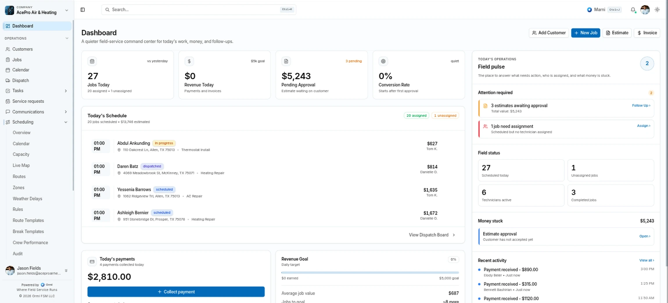 Ormi dashboard showing today's jobs, revenue, pending approvals, schedule, and field status